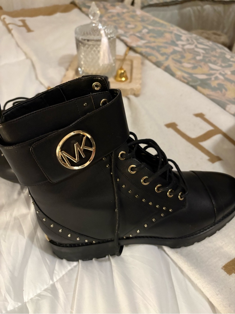 Michael Kors Black Leather Lace-Up Combat Boots with Gold MK Emblem
